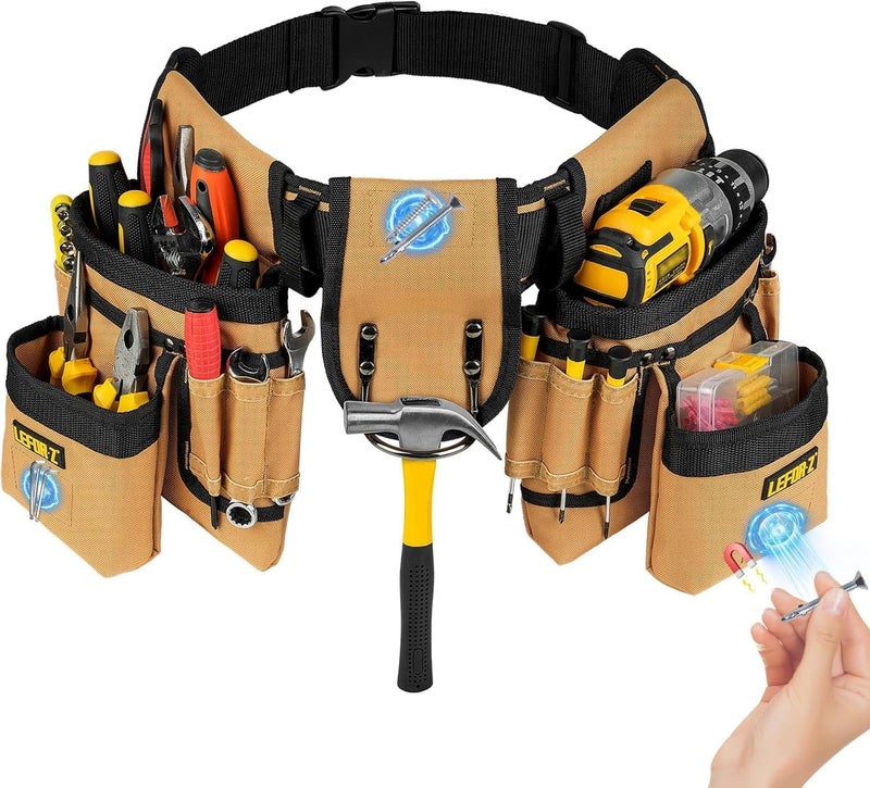 LEFORZ Tool Belt,Magnetic Tool Pouch,27-Pockets Heavy Duty Padded Tool Belts for Men,Detachable & Adjustable Tool Pouch Bag for Electrician,Carpenter,Construction,Work Apron,Utility Belt,Black,Brown - Image 1